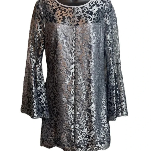 White House Black Market Metallic Lace Bell Sleeve Dress - Picture 4 of 14